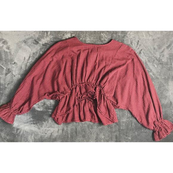 Forever 21 Medium Long Sleeve Ruffle Cuff & Hem Gingham Elastic Peplum Crop Top - Picture 1 of 9